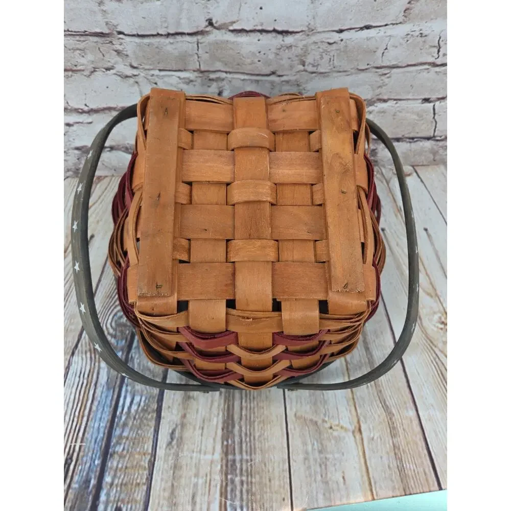 Vintage Primitive Woven Basket Red Green Americana Star Farmhouse Decor